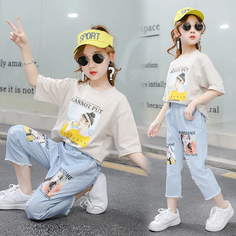 Детская летняя одежда для девочек с мультяшным принтом Модный корейский рваный