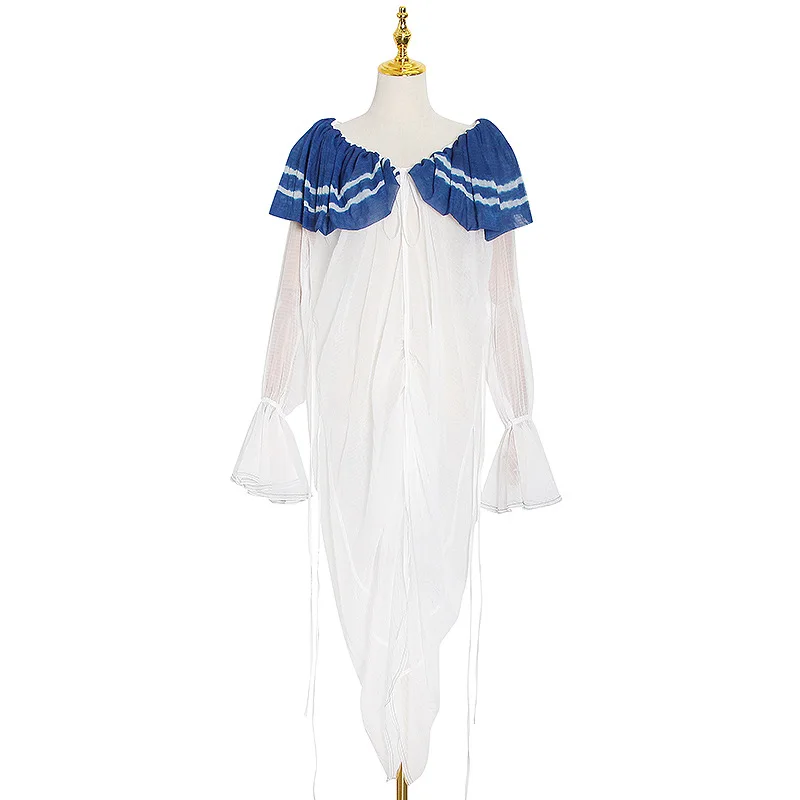 

In the spring of 2021 the new fashion and fresh color navy brought into long horn sleeve dress female micro perspective