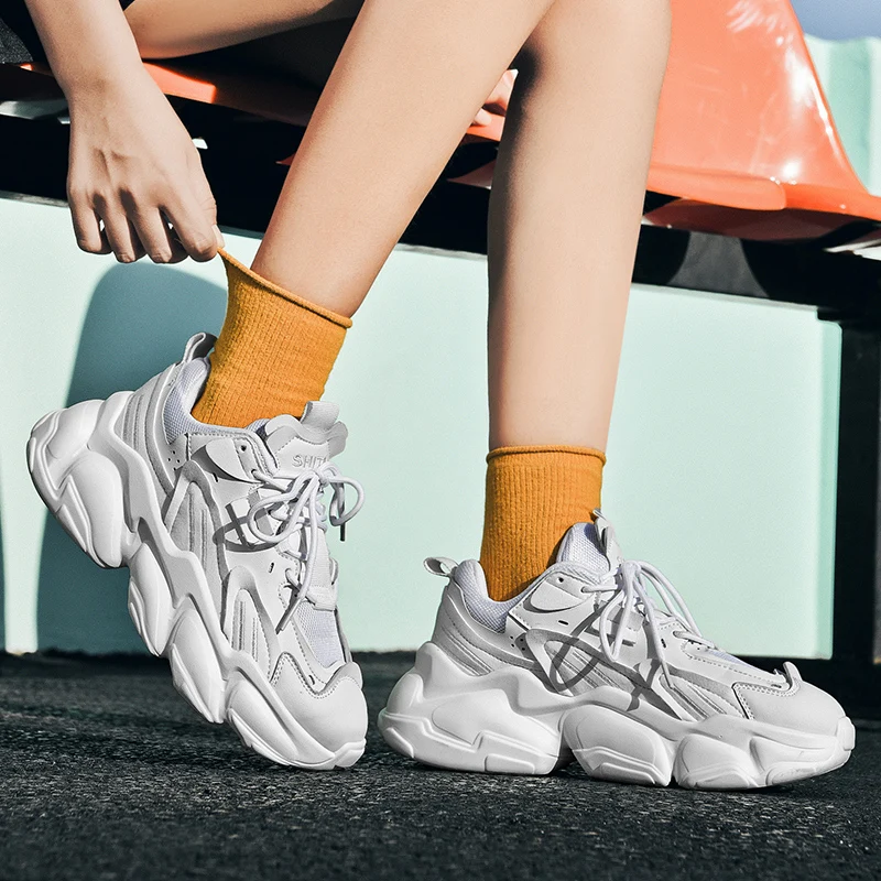 

ADBOOV Unisex Fashion Leather Sneakers Women Men Platform Chunky Shoes White Black Trainers Footwear