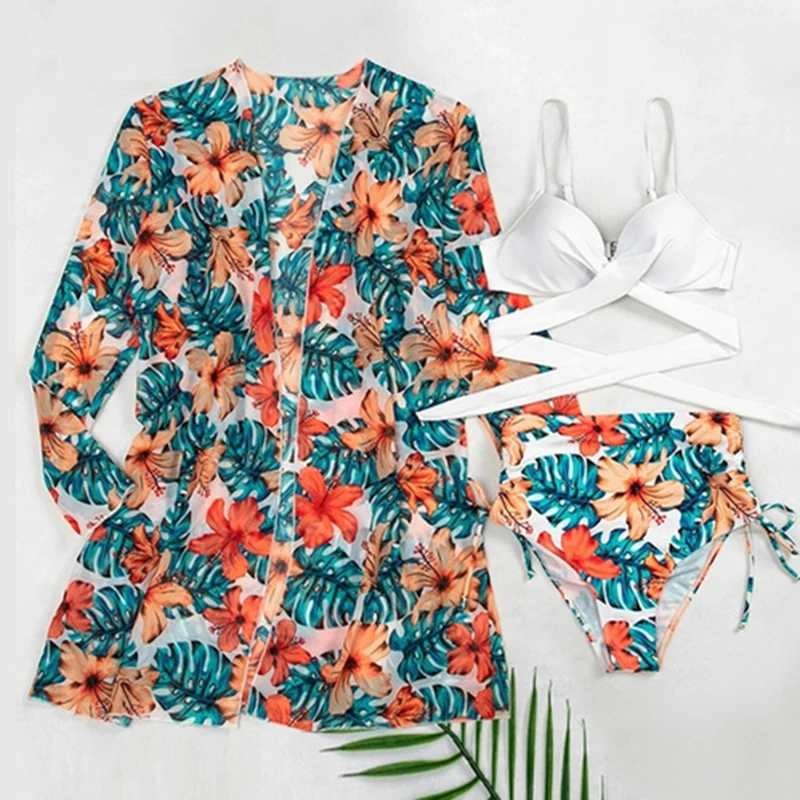 

Swimsuit Three Pieces Women Floral Printed Sexy Bikini Push-Up Padded Swimwear Ruffle Swimsuit High Waist Beachwear