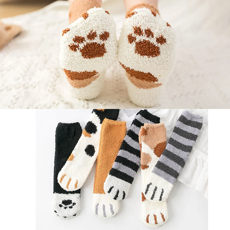 Fuzzy Fluffy Terry Warm Socks Animal Claws Coral Velvet Socks Winter Kawaii Thick Socks Striped Cartoon Women Short Cute Socks