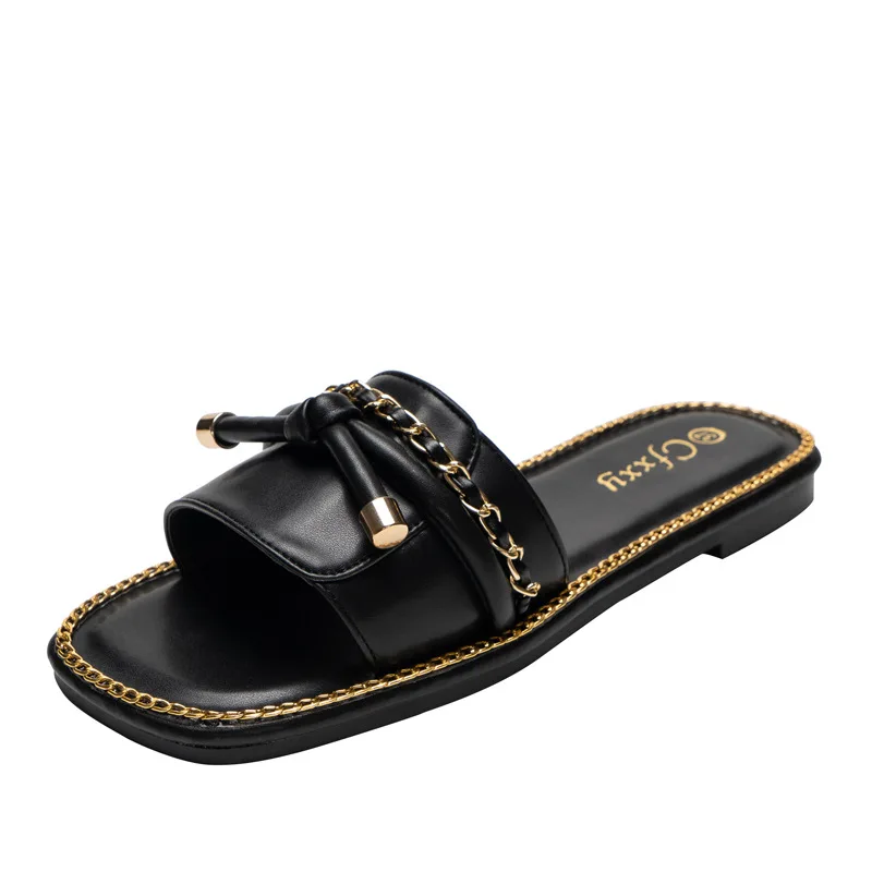 

2021 Summer Slippers Women Slip On Slides Fashion Brand Square Toe Leather Flat Sandals Female Outdoor Casual Slippers Flip Flop