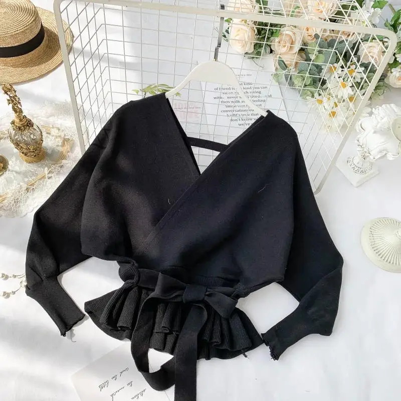 

Ladies Ruffle Fashion Pullover Elegant Sashes V Neck Knit Sweater Women 2021 Sexy Backless Autumn Long Sleeve Sweater
