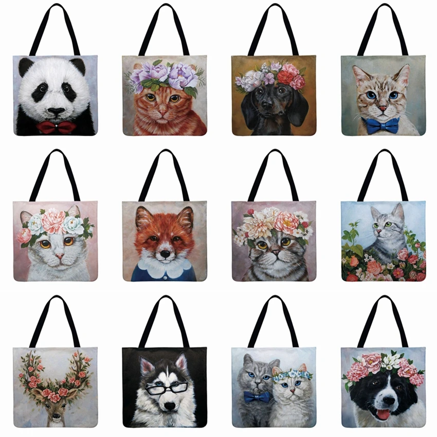 Складная сумка для покупок повседневная льняная женская тоут с принтом животных