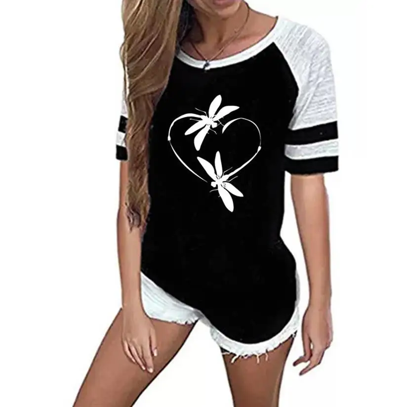

New Fashion Short Sleeve Funny Heart-shaped Dragonfly Print T-Shirt For Women Harajuku Women Cute Loose Tops T-Shirt