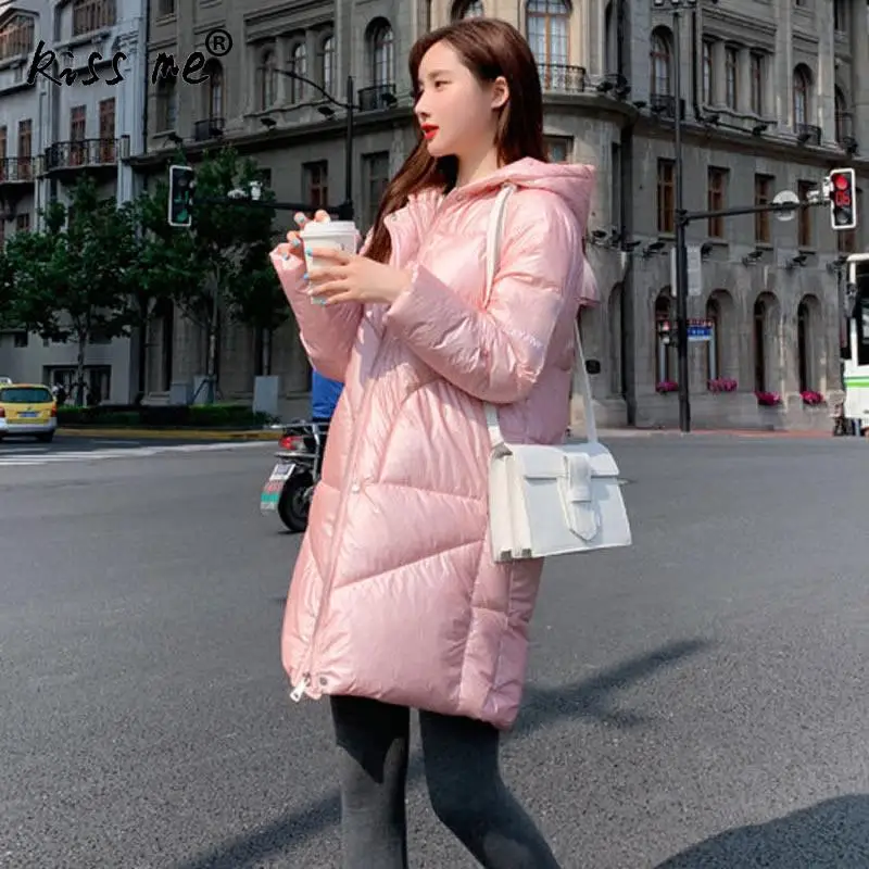 powder pink Однотонная женская зимняя куртка пуховик для улицы теплое пальто с капюшоном ветронепроницаемая пуховая хлопковая одежда женское пальто средней длины - Цвет: powder pink