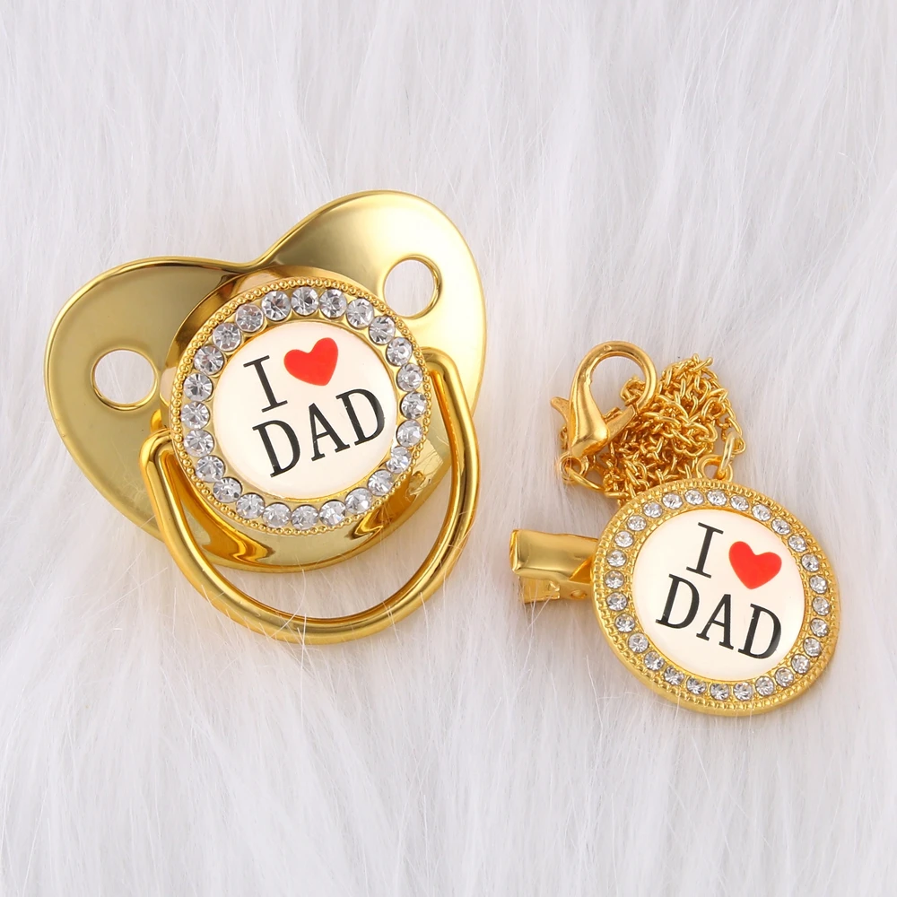

Luxury Crystals Diamond Gold Baby Pacifier Baby Dummy Orthodontic Bling Pacifier Chain I Love Dad Kid Nipple Soother Holder Clip