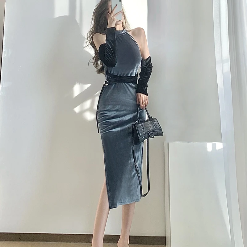 

Autumn And Winter New Women's Dresses French Sexy Fashion Tight-fitting Strapless Color Matching Vestidos De Mujer Casual