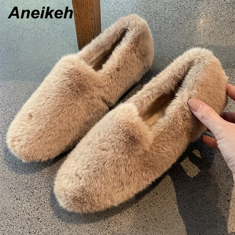 

Aneikeh комфорт семья пушистая теплая Домашняя обувь для женщин зимние элегантные шлепанцы на плоской подошве с круглым носком трендовые слип...