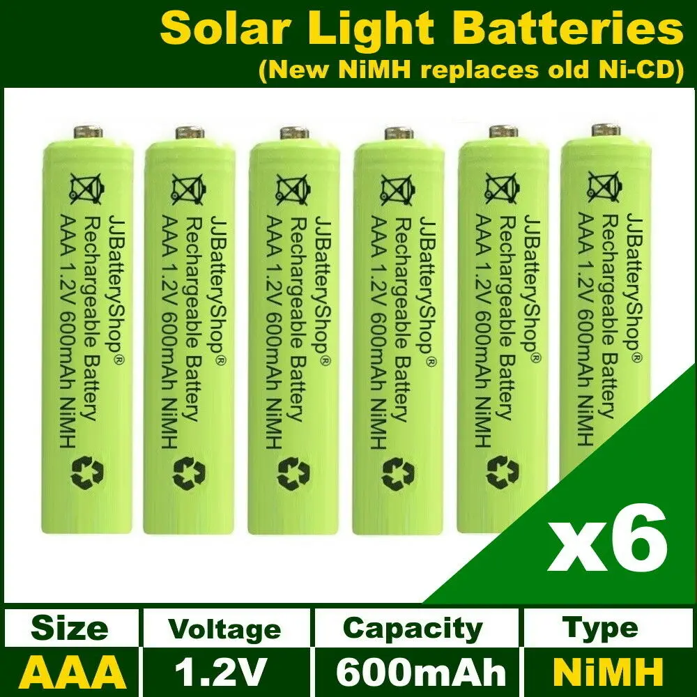 

6 x AAA 1.2V 600mAh NiMH Rechargeable Batteries for Garden Solar Lights UK