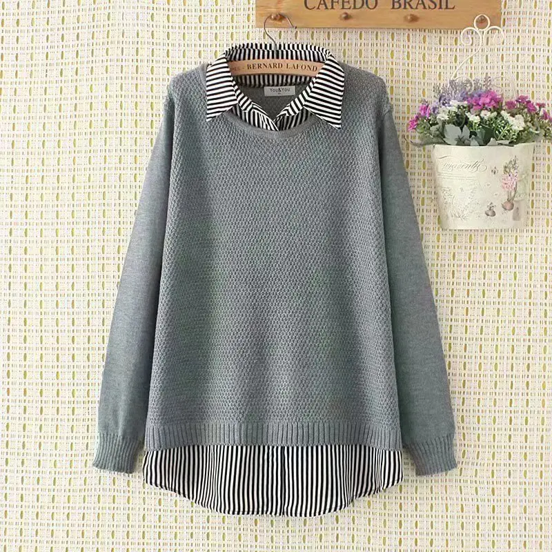 

Plus size autumn winter turn-down collar fake two-piece women pullovers sweater 2021 dark red black gray ladies sweater female