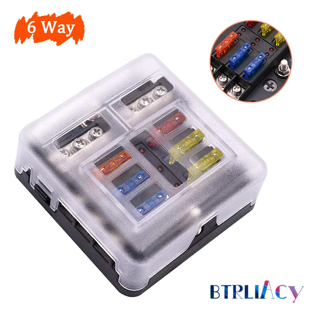 

BTRLIACY 6 Way Blade Fuse Box Plastic Cover Fuse Box Holder Automotive Blade Holder Block Case With LED Indicator Light