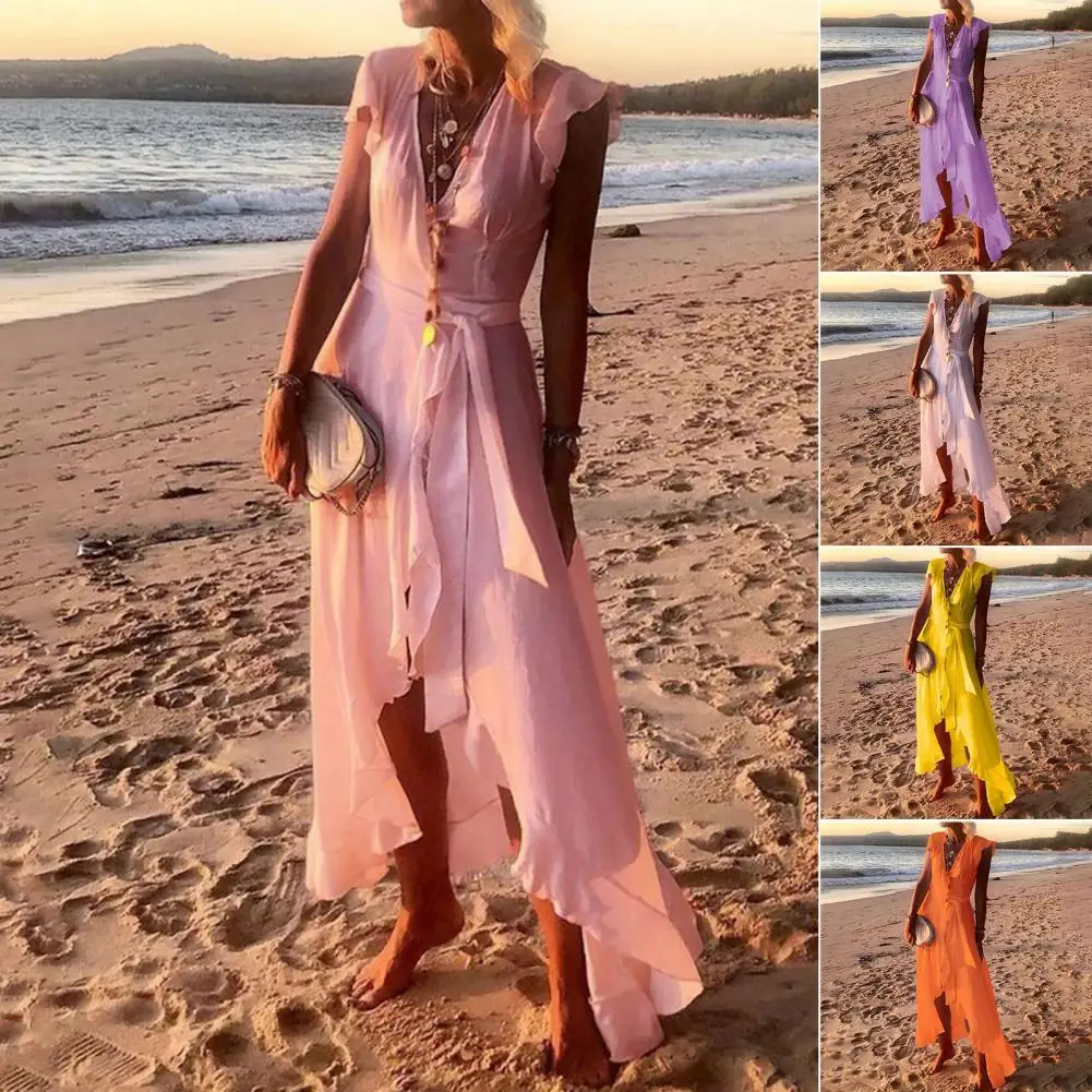 

Fashion Casual Solid Color Short Sleeve Irregular Hem Dress Bohemian Maxi Dress Irregular Hem for Beach