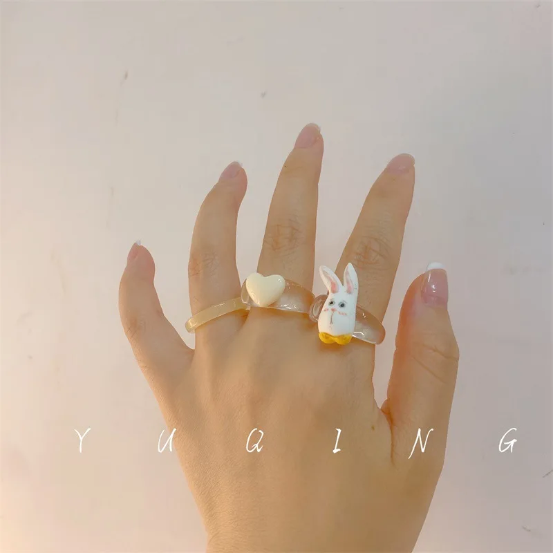 

Ins love Rings All-match Rabbit Bear Resin Rings Big Heart Love Stacker Rings for Girls 00s Vibes Vintage Jewelry