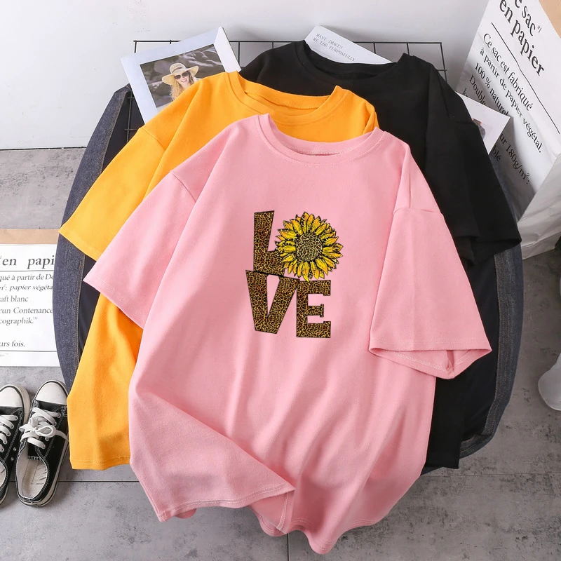 

Женские леопардовые футболки Harajuku с подсолнухами, модная женская одежда с круглым вырезом, топы с коротким рукавом K-pop, футболки, уличная од...
