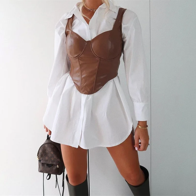 

2021 Fashion PU Leather Sexy Push Up Corset Crop Tank Tops Women Club Party Sleeveless Backless Camis Top Streetwear Clothes