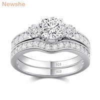 newshe 2 pieces solid 925 sterling silver wedding ring set for women 3 stones engagement ring bridal classic jewelry gift br1099