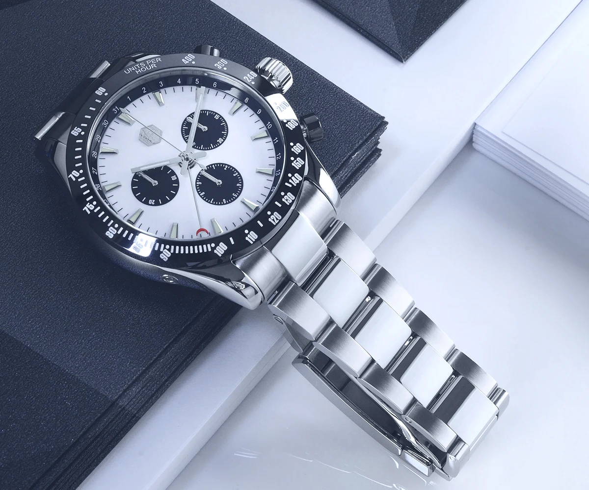 Lugyou San Martin Quartz Watch Men Chronograph Timepiece Sun ray Metal Band Sub Dials Pusher Sapphire 100m Water Resistant Glow
