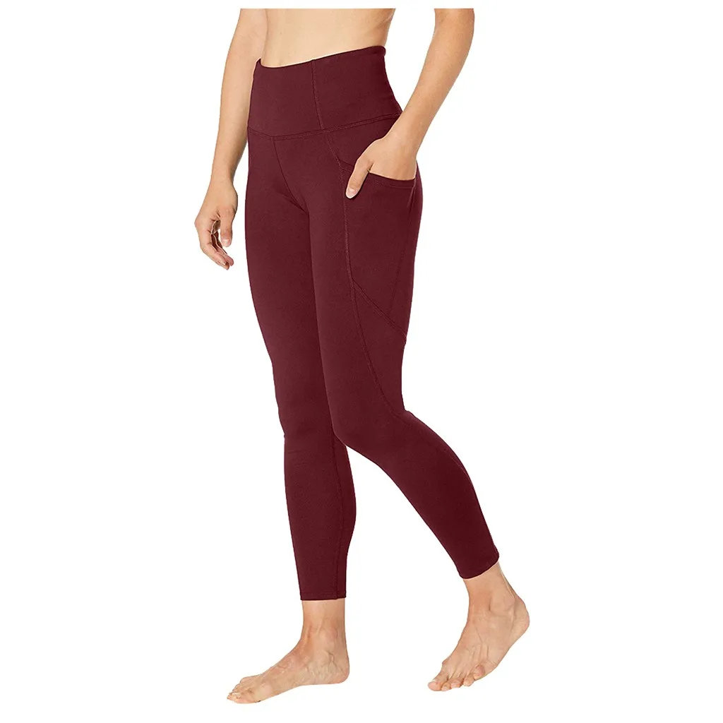 Модные сексуальные женские одноцветные Леггинсы с карманами для занятий спортом