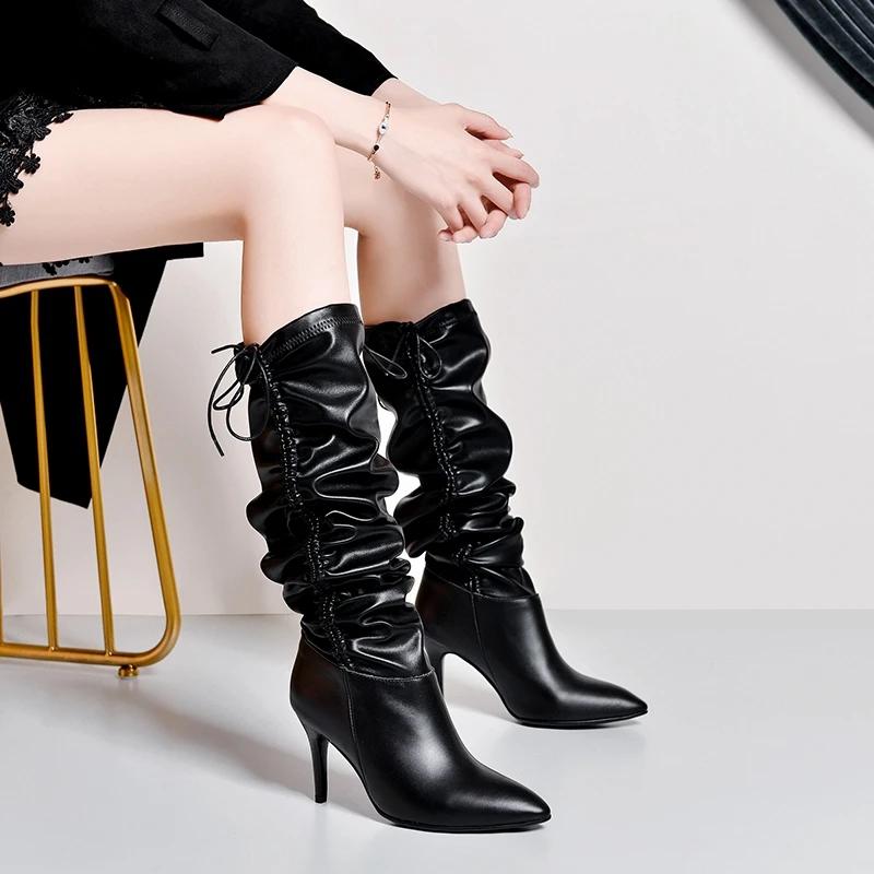 

2019 New European and American Golden Plating and Sleeve Walking Show Brand Mid-barrel Boots Fashion Women's Boot Lace-Up Shoes