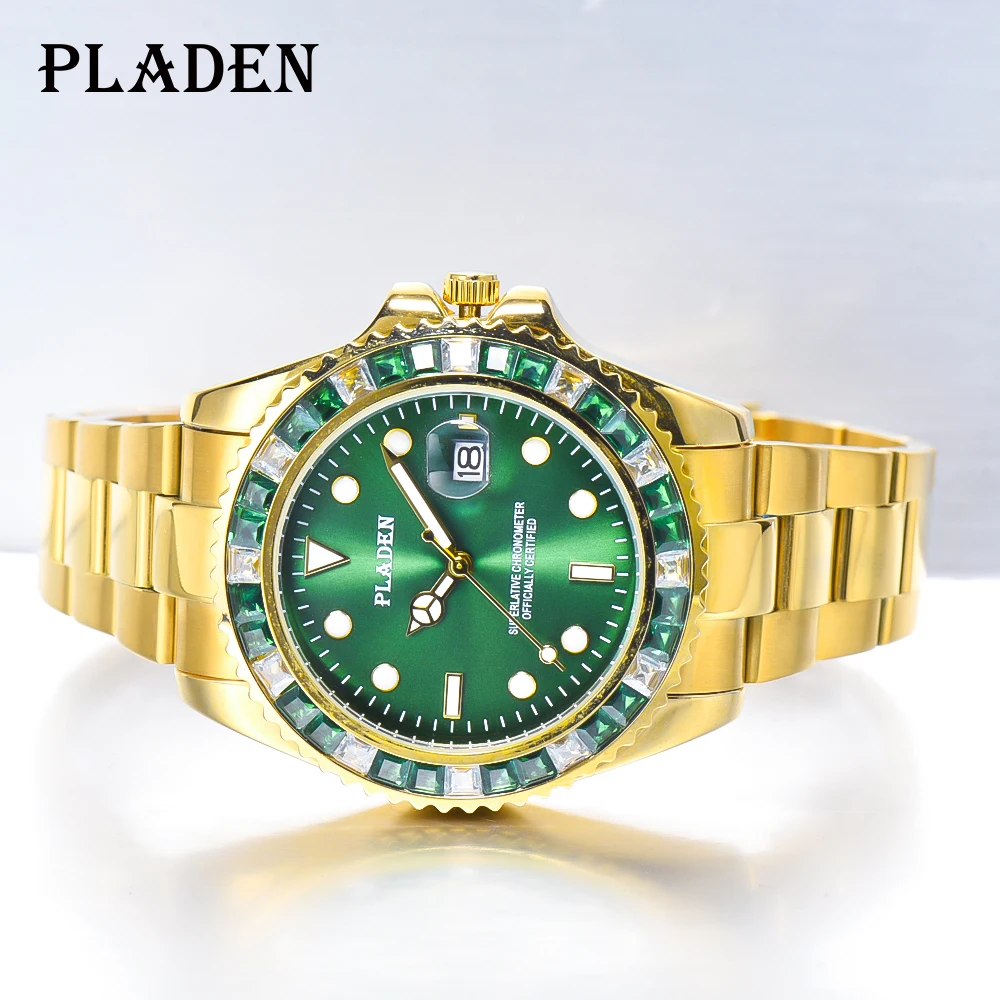 

PLADEN 18K Gold Reloj de hombre Top Brand Luxury Japan Movt Calendar Stainless Steel Green Ghost Clock Waterproof Quartz Watches