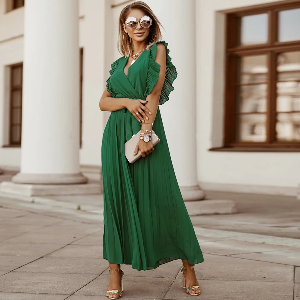 

2022 New Women Summer Long Dress Solid Black Blue White Sleeveless V-Neck Ankle-Length Casual Wear Dress Clothes