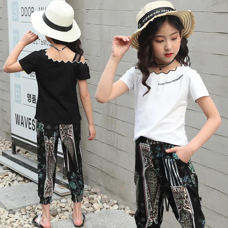 Летняя одежда для девочек с цветочным принтом Детские комплекты одежды из 2