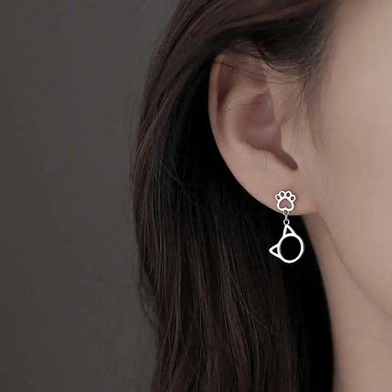 

XiaoboACC S925 Silver Women Stud Earrings 2021 Trend Korean Fashion Cute Animal Cat Head Hanging Earrings
