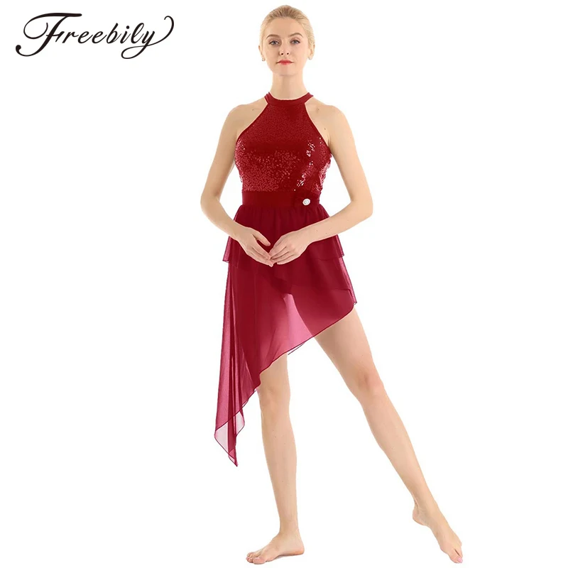 

Women Sequins Asymmetrical Chiffon Ballet tutu Dress Gymnastics Ballet Leotards Performance Contemporary Lyrical Dance Costumes