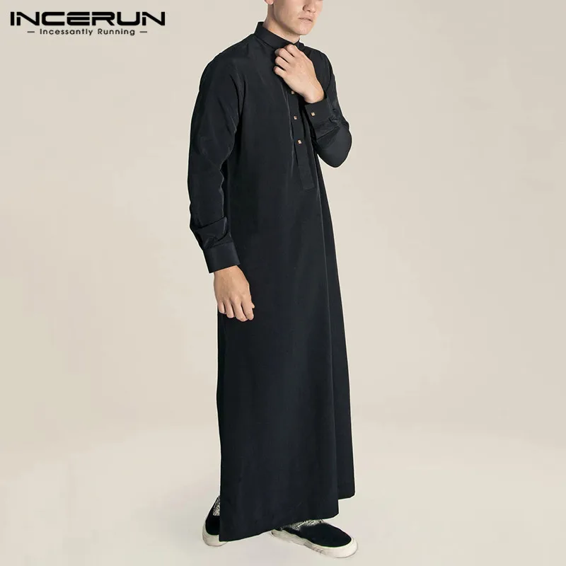 

INCERUN Men Muslim Jubba Thobe Islamic Arabic Kaftan Long Sleeve Abaya Robes Solid Color Casual Dubai Saudi Arabic Men Caftan