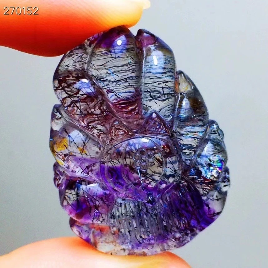 

Natural Super Seven 7 Purple Red Rutilated Quartz Pendant 9 Tails Fox 35x25.8x11.8mm Carved Women Men Necklace AAAAAA