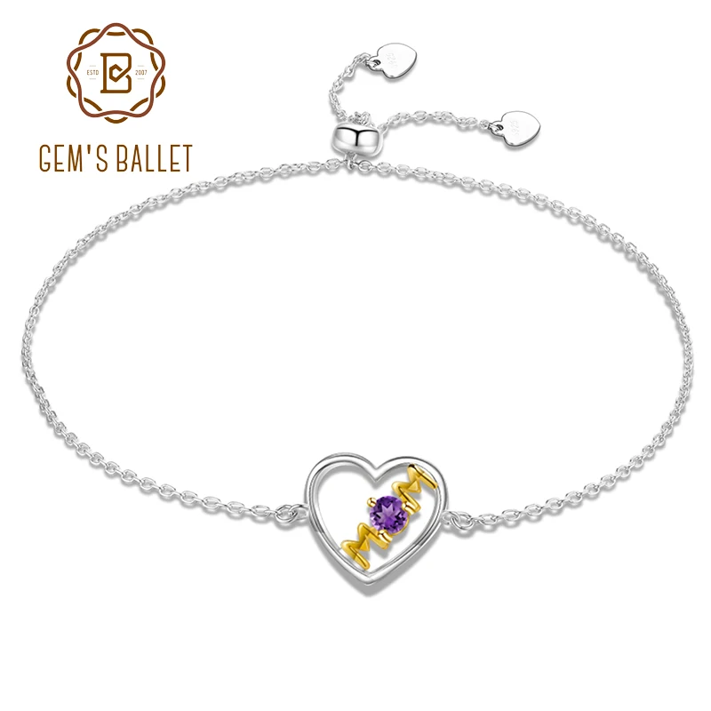 GEM'S BALLET Love Mom Камень Браслет Стерлингового Серебра 925 пробы Регулируемые Сердца
