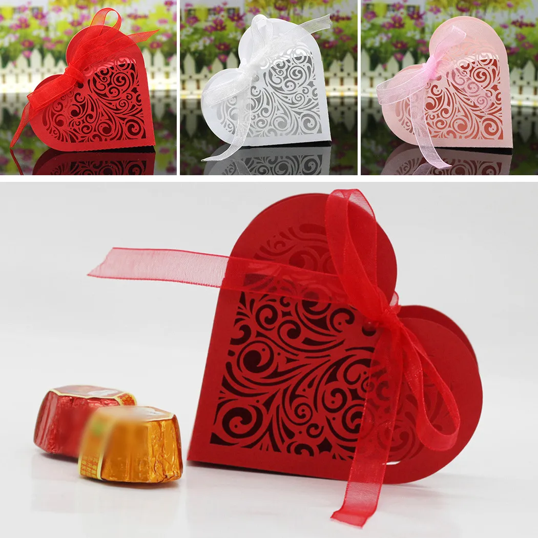 

Candy Gift Box Candy Box Gift Bags Laser Cut Love Heart Shape W/Ribbon