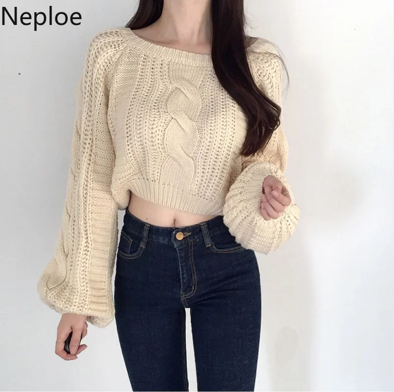 Neploe Pull Femme свободная короткая перекрестная вязка Топы Женские однотонные цветной фонарь свитер с длинными рукавами женские корейские модные новые уличные