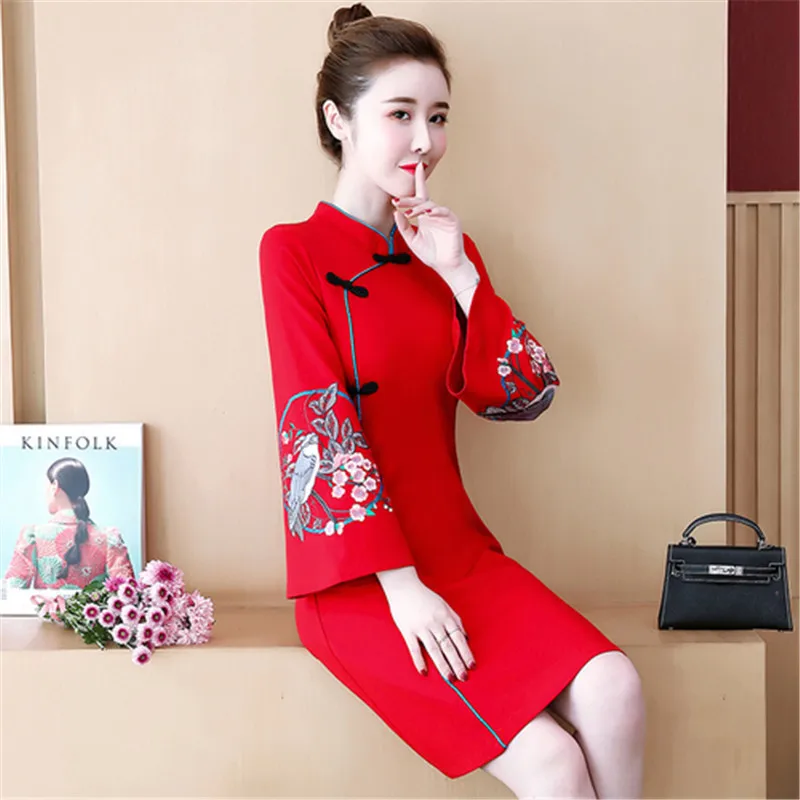 

Тонкое темпераментное женское платье в китайском стиле, элегантное женское платье с воротником-стойкой и длинными рукавами, весеннее яркое...