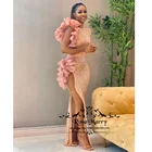 Розовое золото с пайетками вечерние платья для женщин 2021 одежда с длинным рукавом высокого Разделение для девочек, в стиле знаменитостей на выпускной, вечерние платья