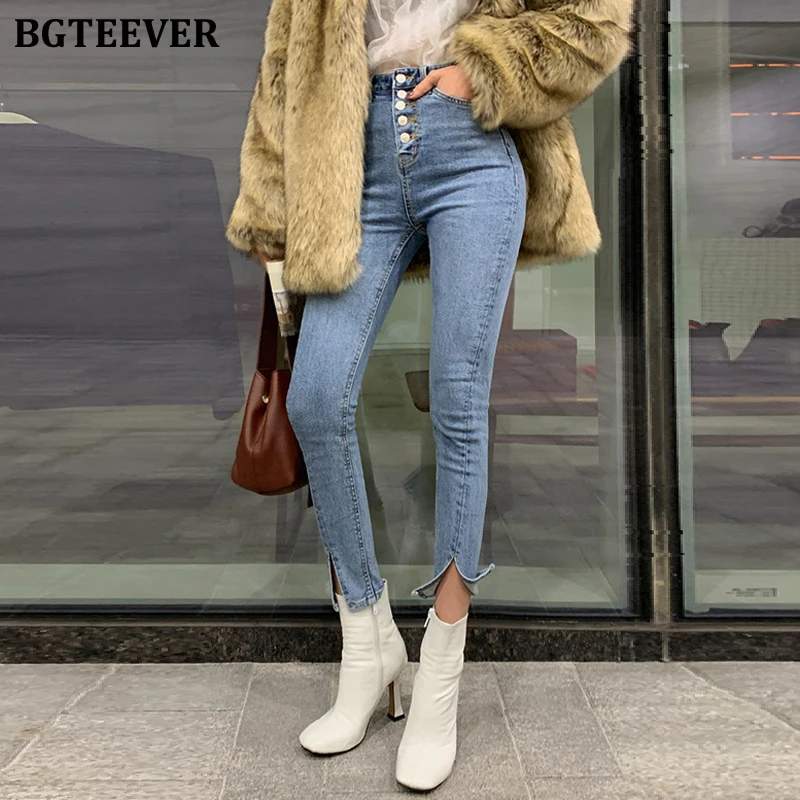 

BGTEEVER Streetwear Single-breasted Female Jeans 2020 Summer Skinny Pencil Jeans for Women Stretch Split Denim Blue Jeans femme