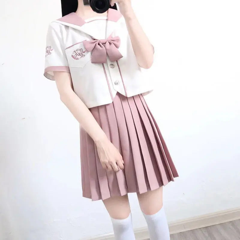 

School Girl Cosplay JK Uniform Women Chorus Performance Pink Sets Short Sleeve Japanese Sailor Uniforms Pleated Skirt Anime 3pcs