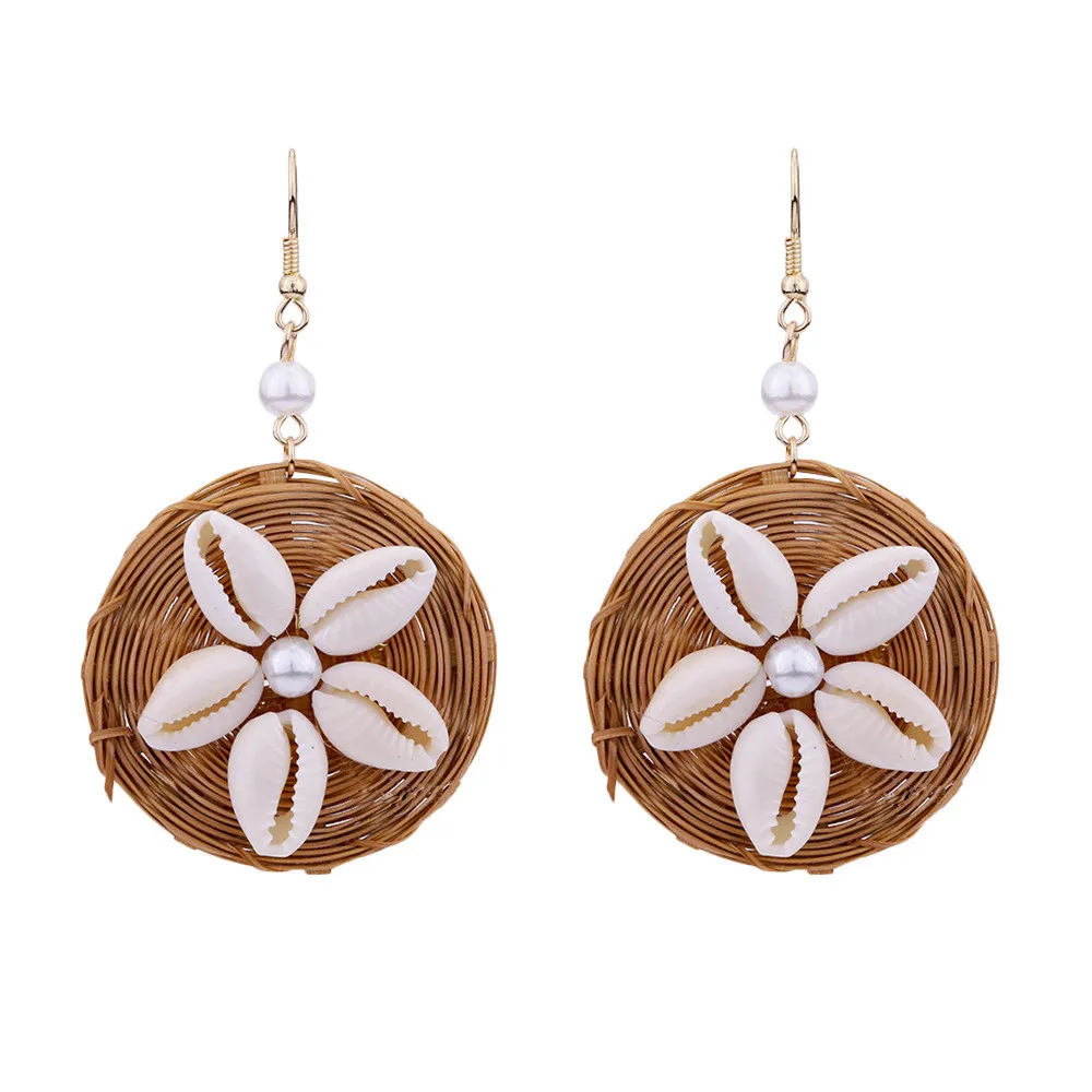 Плетеные серьги из бамбука ручная работа круглая раковина ротанга массивные