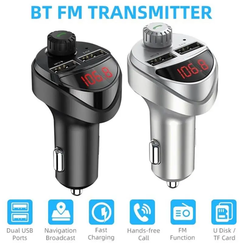 

Car Charger FM Transmitter Bluetooth-compatible Aux Music MP3 Player Dual USB 12-24V Smart Fast Charging Handsfree U-disk TF Car