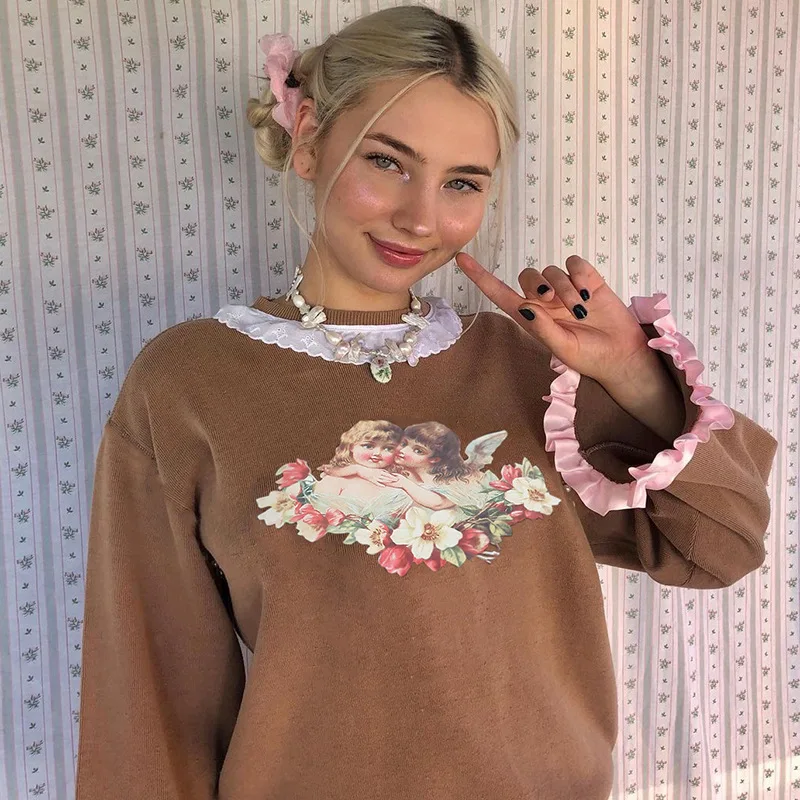 

Lace Trim Cute Y2K Sweatshirts Women Brown Vintage 90s Streetwear Clothes Angel Pattern Kawaii Crewneck Sweat Femme
