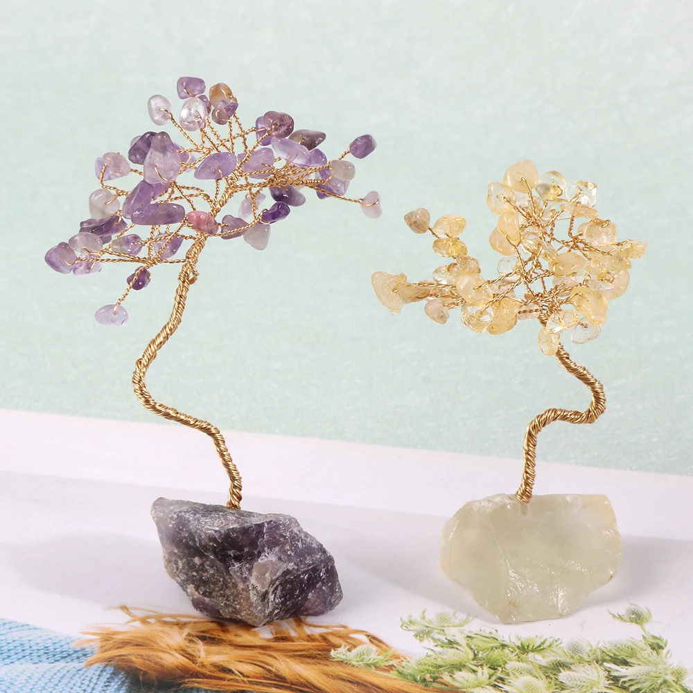 

Natural Gemstone Chips Amethyst Handmade Tree of Life Luck Energy Generator Feng Shui Crystal Trees Home Office Decorations