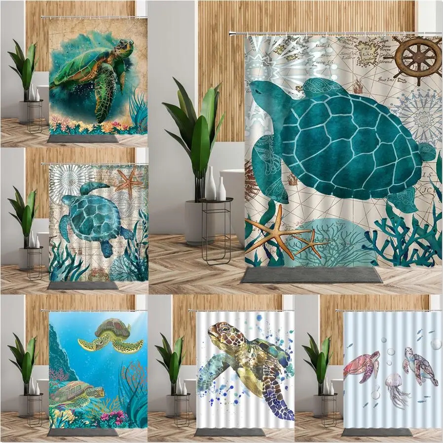 

Sea Turtle Shower Curtain Set Ocean Animal Green Turtles Waterproof Bathroom Bath Decor Wall Hanging Cloth Home Printed Curtains
