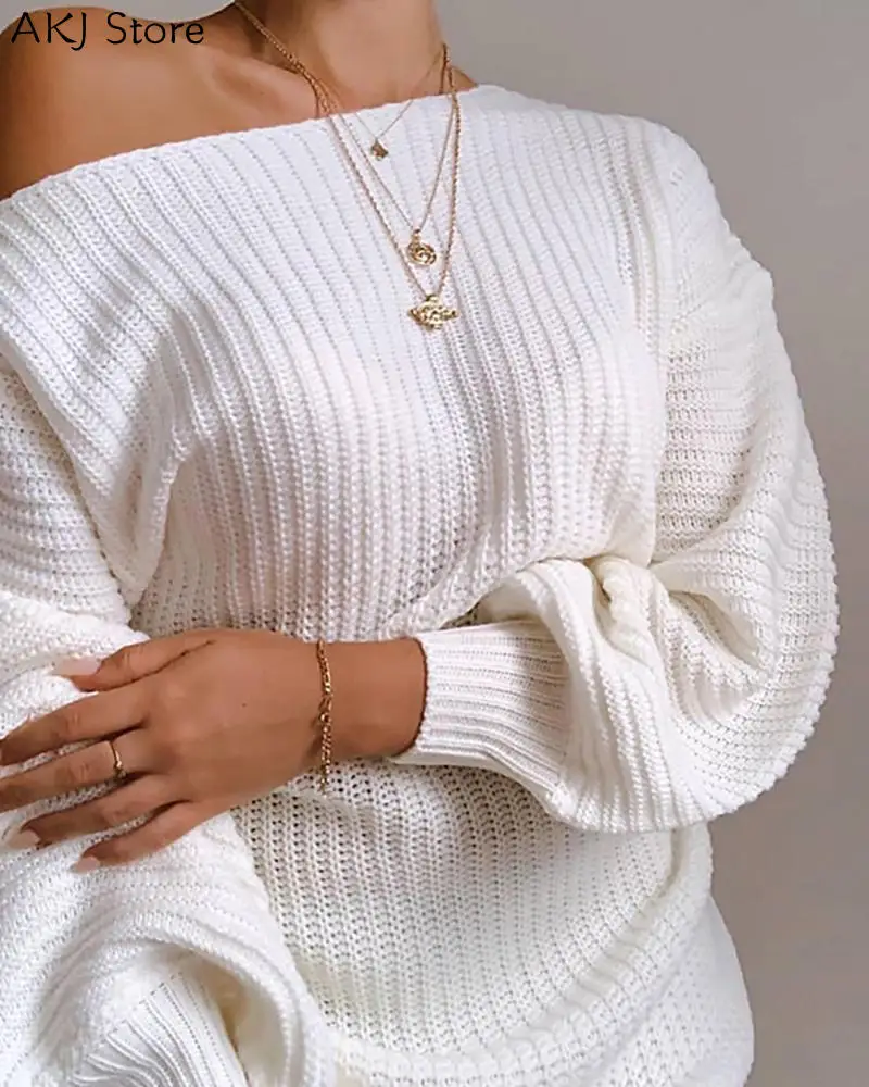 Women Fashion Casual One Shoulder Lantern Sleeve Knitted Sweater Dress Женская одежда