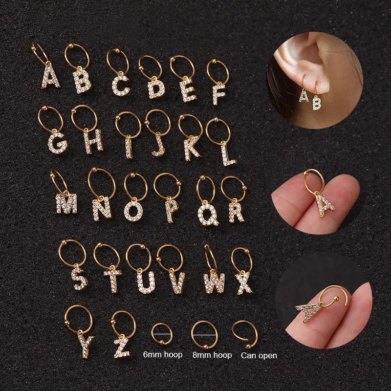 

1PC Fashion 26 English Letters Ring Stainless Steel Cartilage Earrings Hoop CZ Petal Helix Rook Earrings Tragus Piercing Jewelry