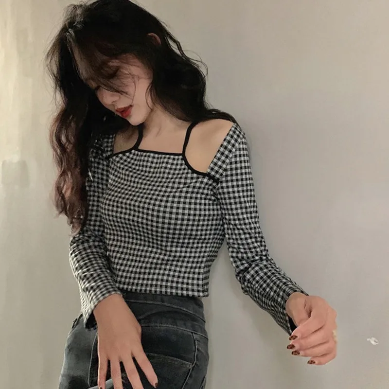 

Korean Style Striped T-shirt 2021 Fashion Sexy Women Bare Shoulder Casual Long Sleeve T-Shirts Spring Autumn High Quality Tops