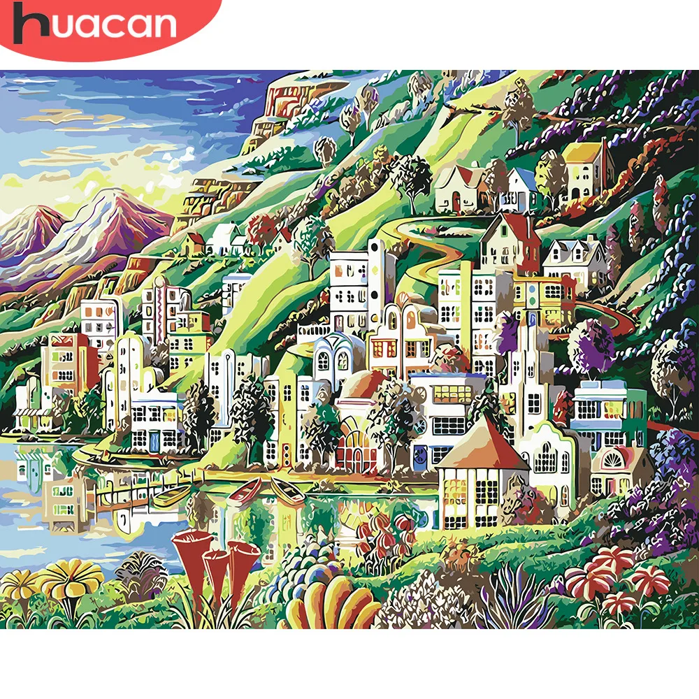 HUACAN картина маслом по номерам Небольшой городок декорации Coloring By Numbers Наборы для