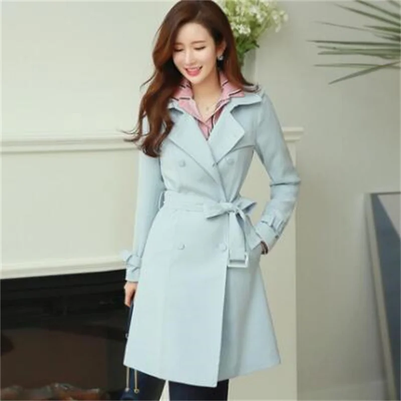 Sku blue trench coat for women spring ladies double breasted casaco feminino female overcoat woman jaqueta feminina