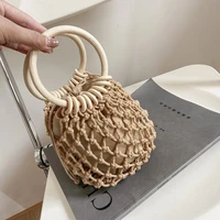 2021 new woman girl fashionable woven handbag beach style wood handle drawstring bucket tote purse for daily life and vacation