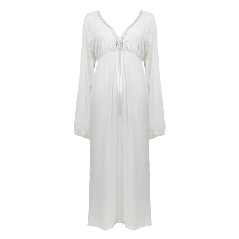 100% Cotton Long Sleeve Women Nightgown Sexy Backless V-neck Long Skirts Spring Summer Robe Elegant Loose White Pink Nightdress